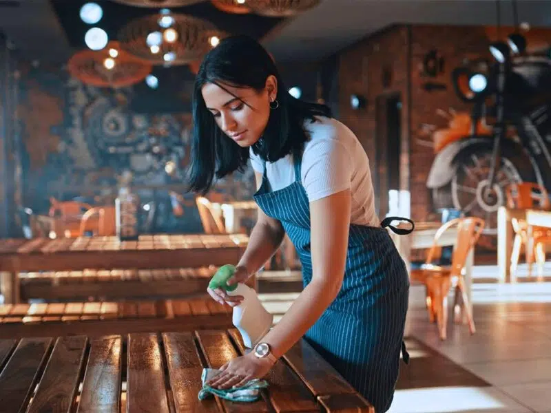 Woman in restaurant cleaning a wooden table
