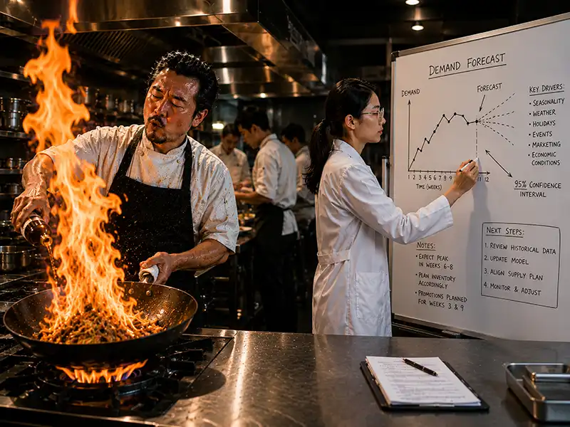 a chef cooking next to a scientist making a demand forecast